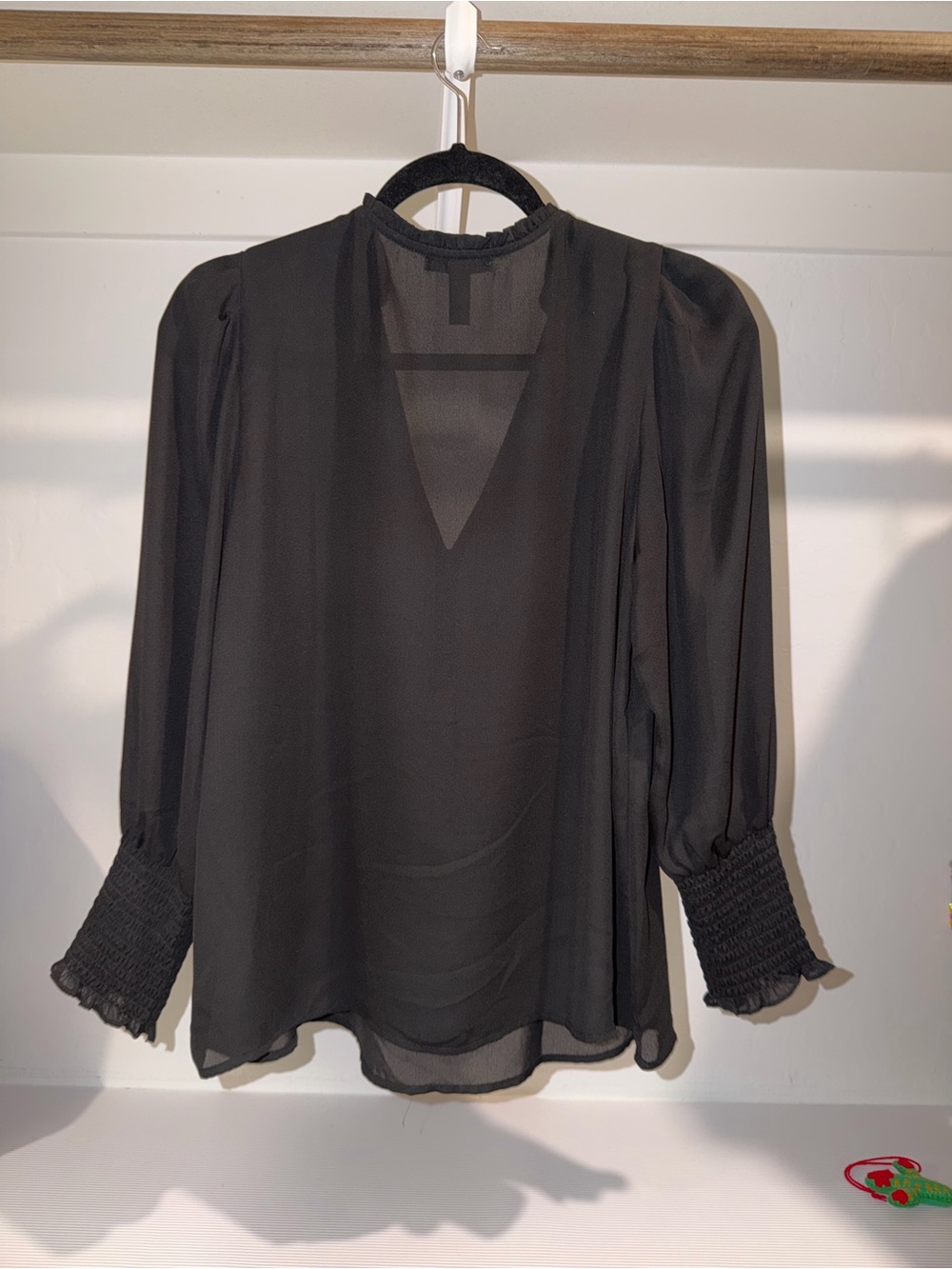 Aqua Black Sheer V-Neck Long Sleeve Blouse with Smocked Cuffs